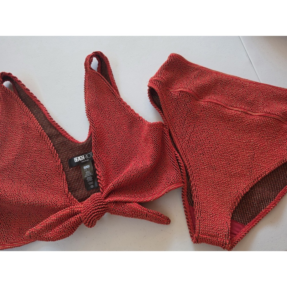 Beach Riot Bikini Set Womens M Red High Waisted Textured Tie Front Two Piece...